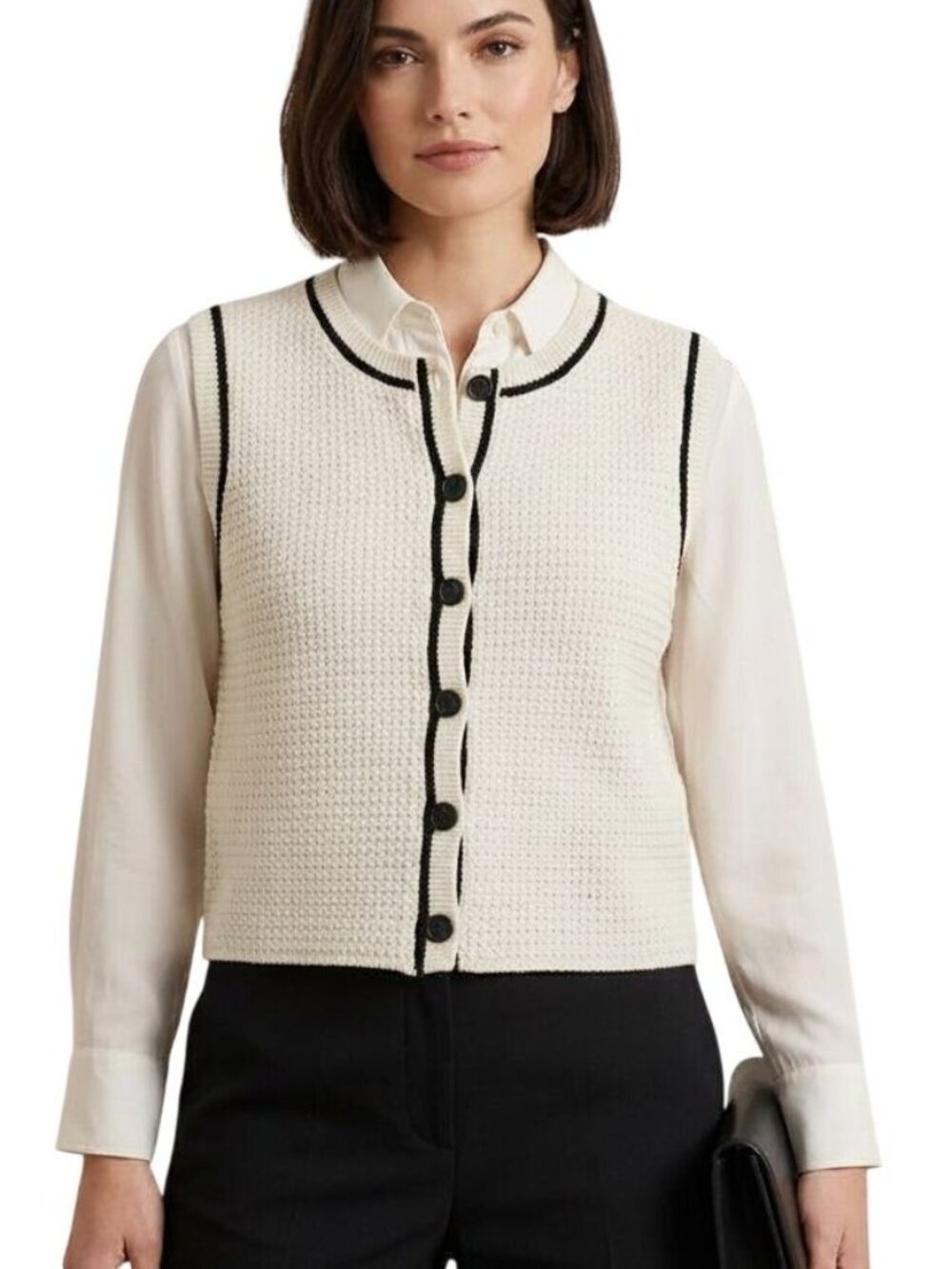 Magaschoni Cream Textured Knit Sleeveless Button-Front Sweater Vest Size Large